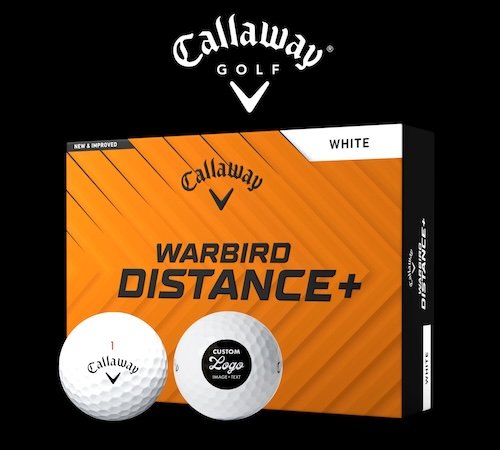 Box of 12 Callaway Warbird Distance+ custom logo golf balls.