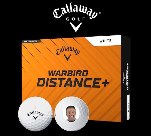 Box of 12 Callaway Warbird Distance+ custom photo golf balls.